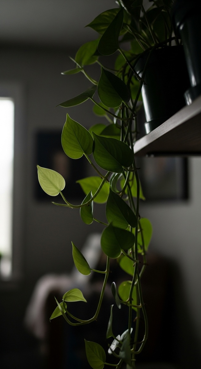 a trailing and vining houseplants such as pothos and heartleaf philodendron with its leaves oriented toward the light in a dim indoor space with low light