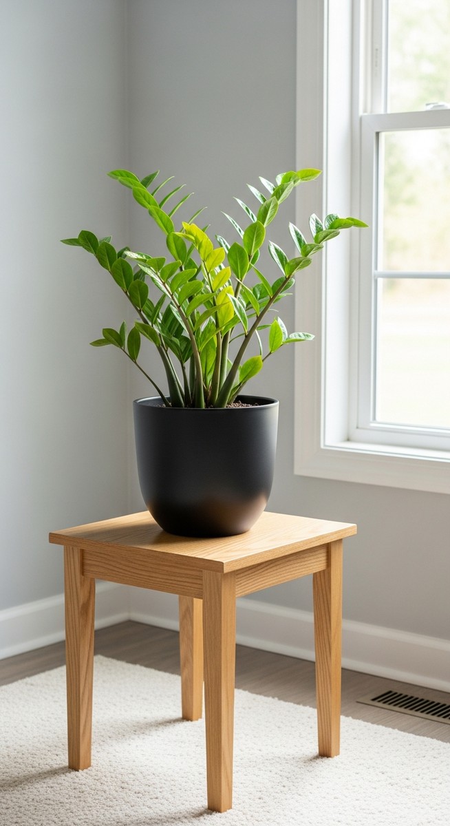 A healthy easy-care houseplant such as a snake plant or ZZ plant in a simple mod, for low maintenance houseplants