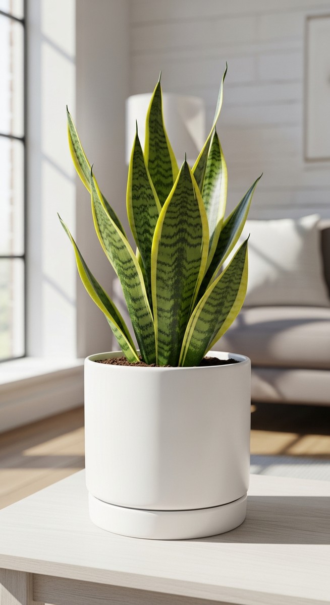 A healthy easy-care houseplant such as a snake plant or ZZ plant in a simple mod