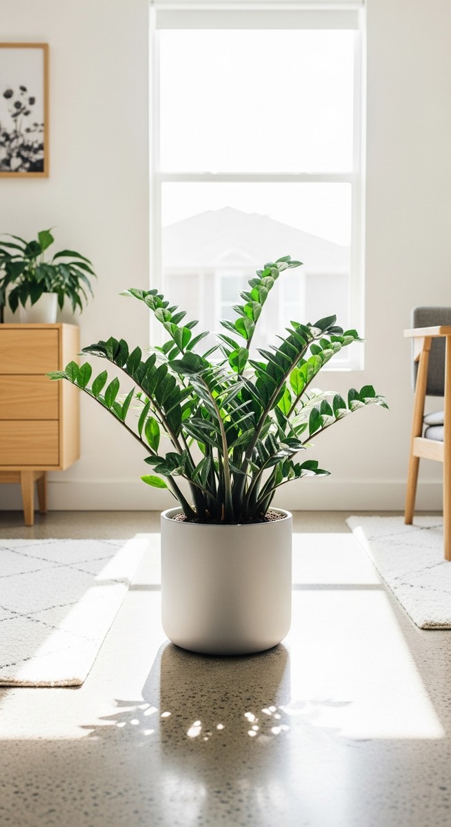 A healthy easy-care houseplant such as a snake plant or ZZ plant in a simple mod, for low maintenance houseplants