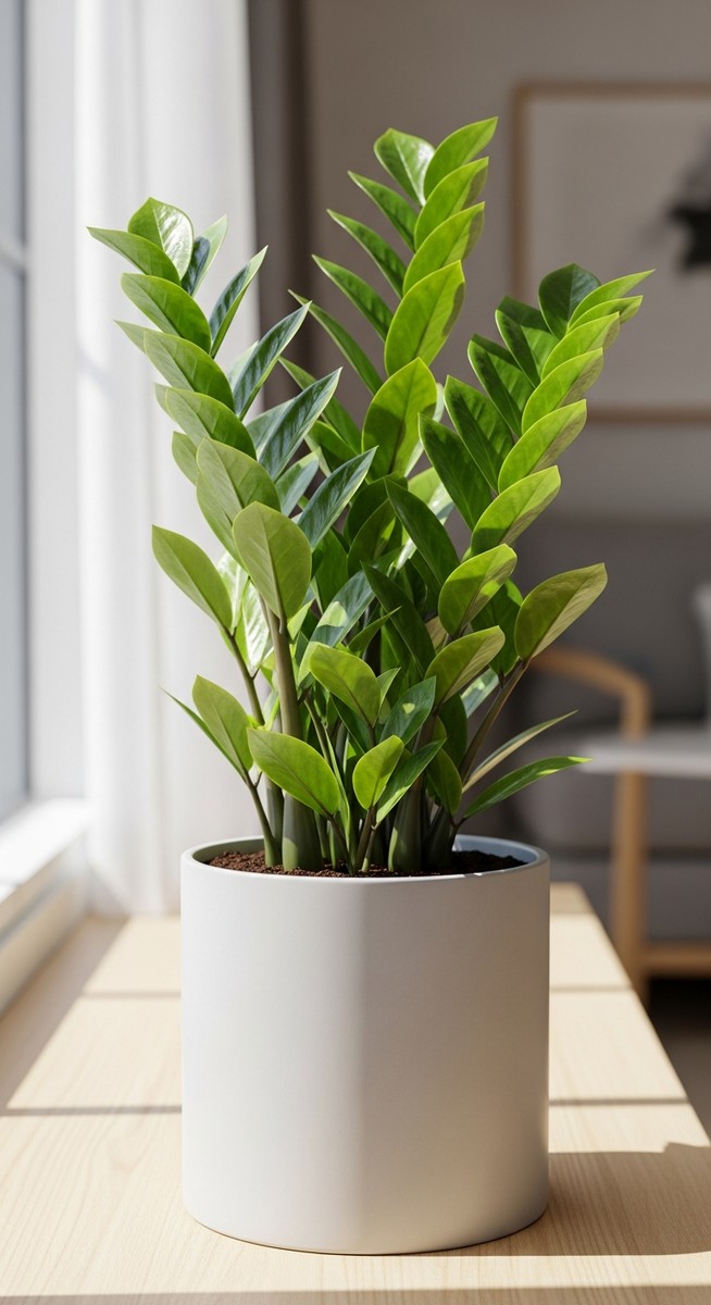 A healthy easy-care houseplant such as a snake plant or ZZ plant in a simple mod
