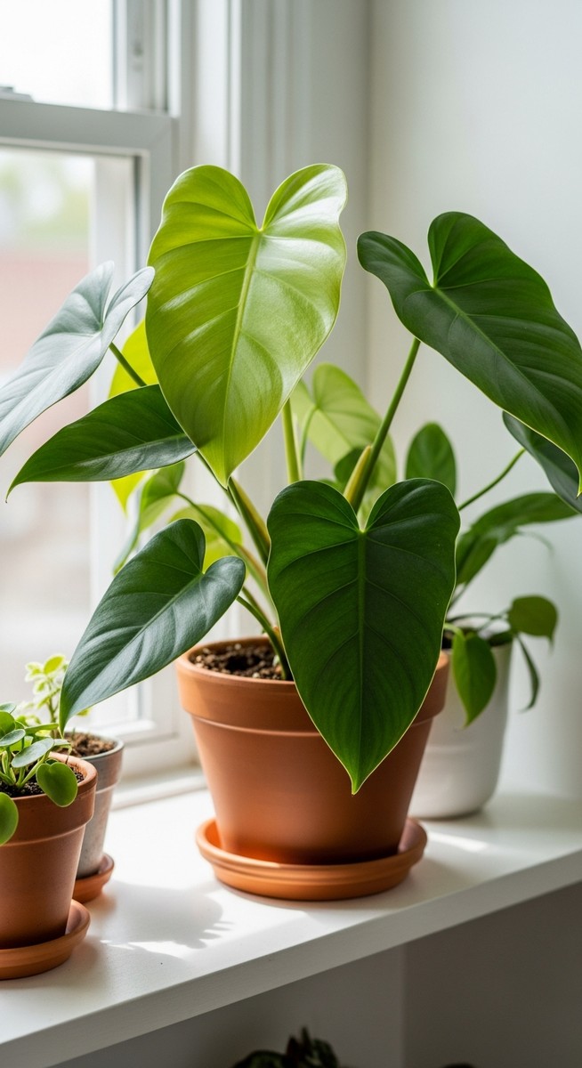 a lush philodendron plant in a terracotta pot on a white shelf