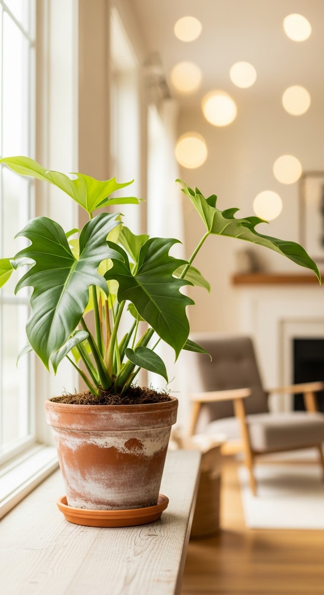 a philodendron plant in a pot near a bright window