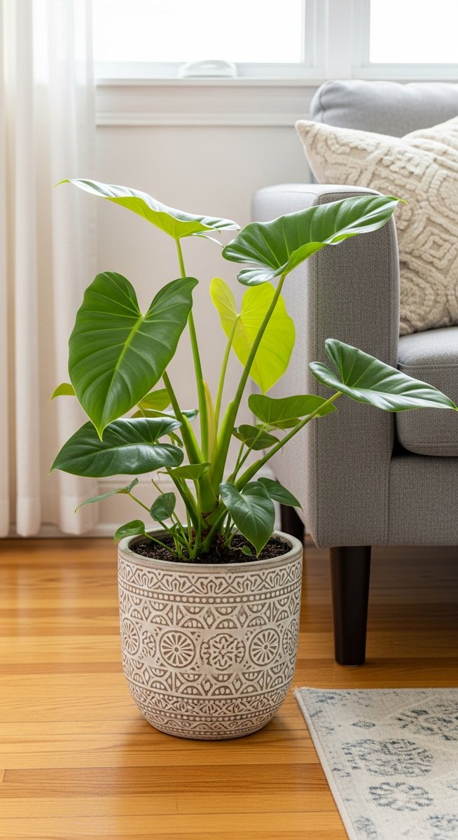 a philodendron plant in a decorative pot on a wooden floor