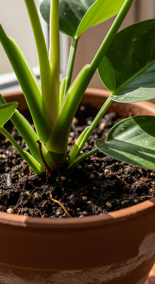 close-up of the base and lower leaves of a philodendron plant, for make philodendron fuller