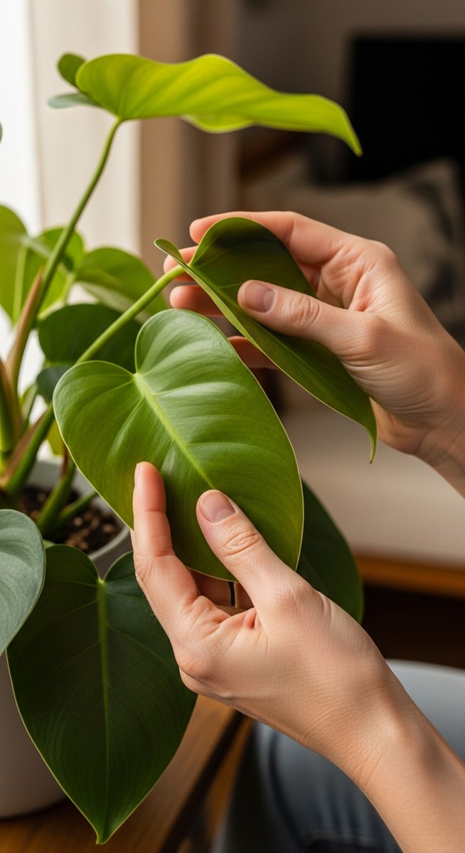 hands touching the leaves of a healthy philodendron plant