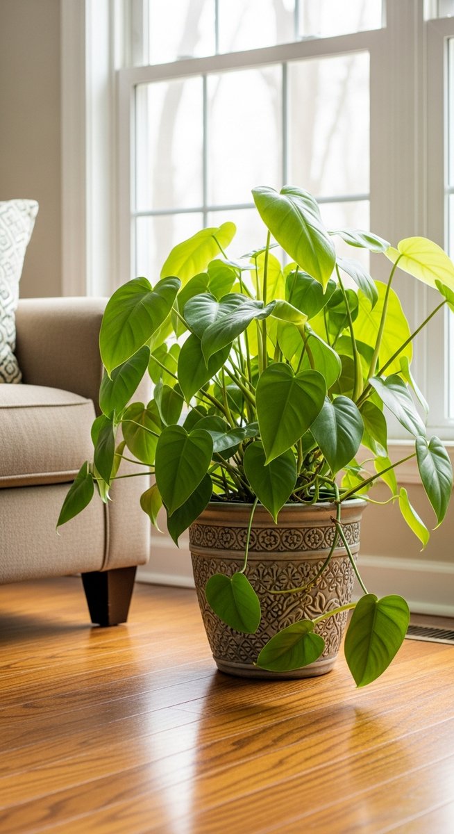 a philodendron plant in a decorative pot on a wooden floor