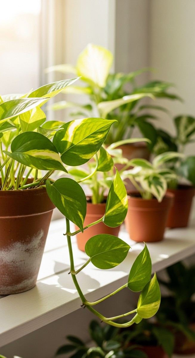 a lush pothos plant in a terracotta pot on a white shelf