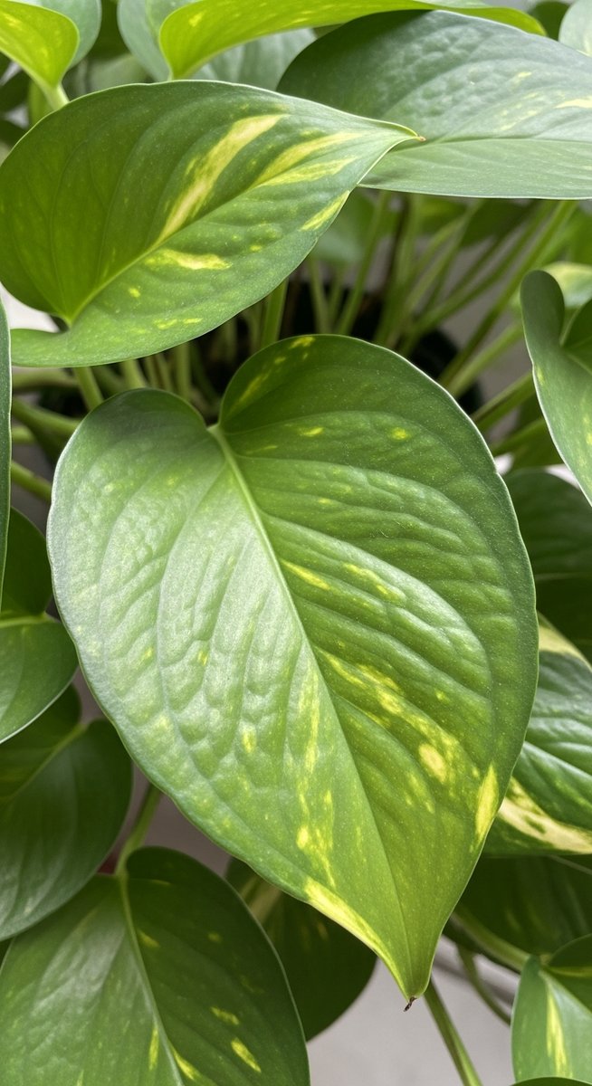 close-up of healthy pothos leaves showing vivid colour and texture, for make pothos fuller