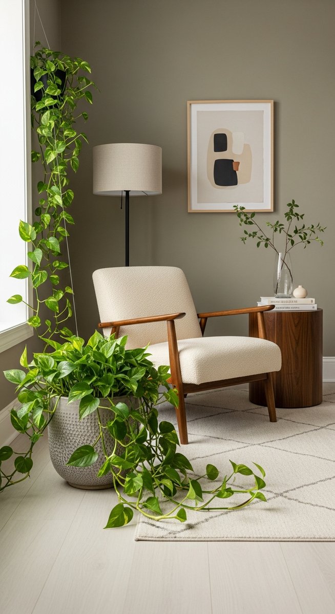 a large thriving pothos plant as a living room focal point, for make pothos fuller