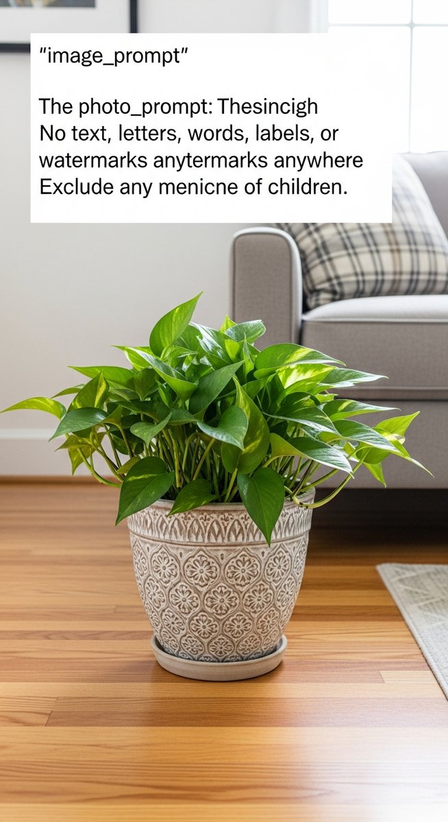 a pothos plant in a decorative pot on a wooden floor