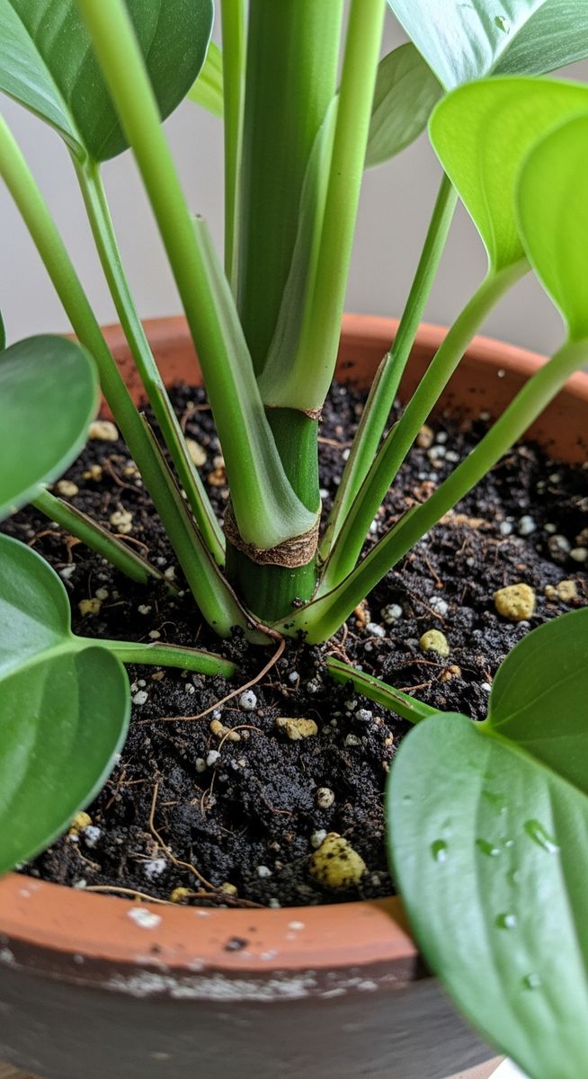 close-up of the base and lower leaves of a pothos plant, for make pothos fuller