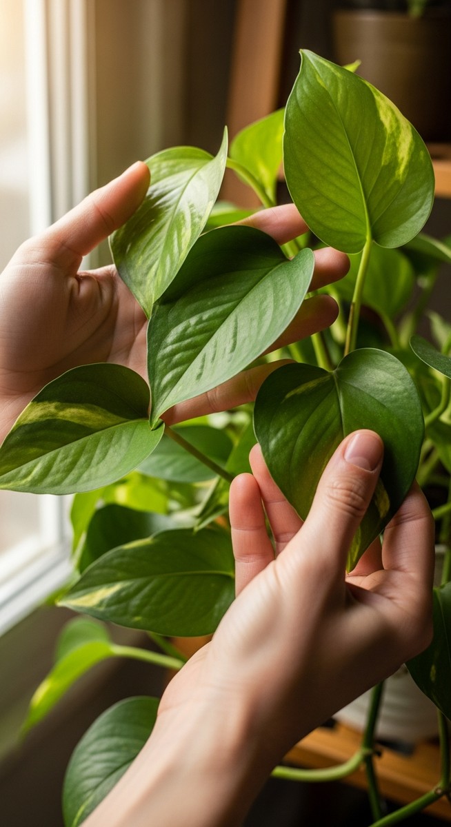 hands touching the leaves of a healthy pothos plant