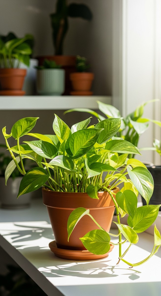 a lush pothos plant in a terracotta pot on a white shelf