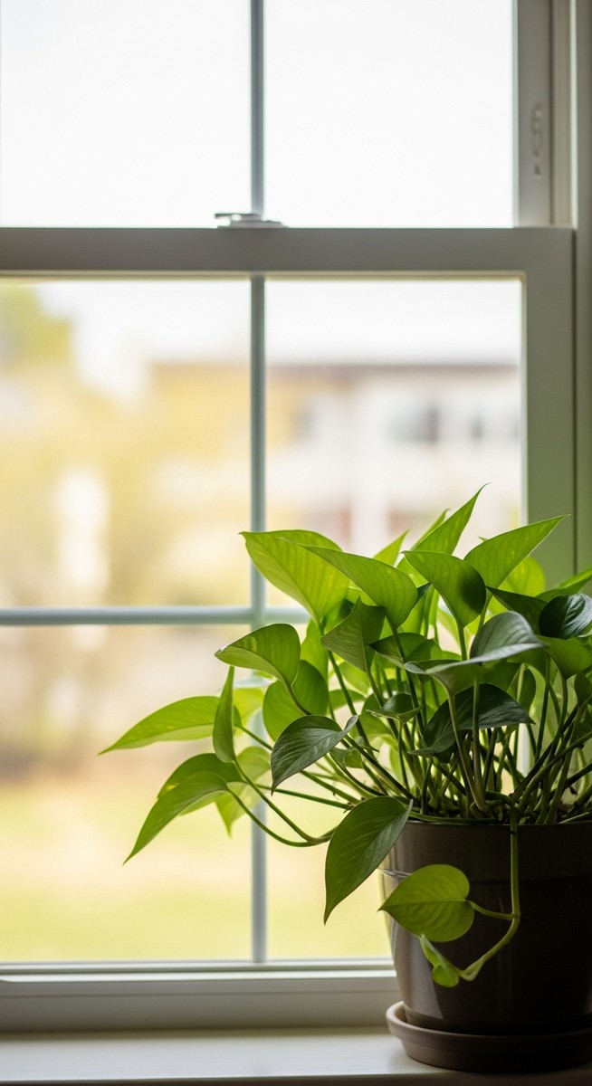 a pothos plant in a pot near a bright window