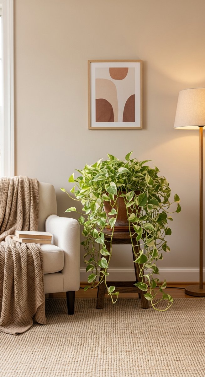 a large thriving pothos plant as a living room focal point, for manjula pothos