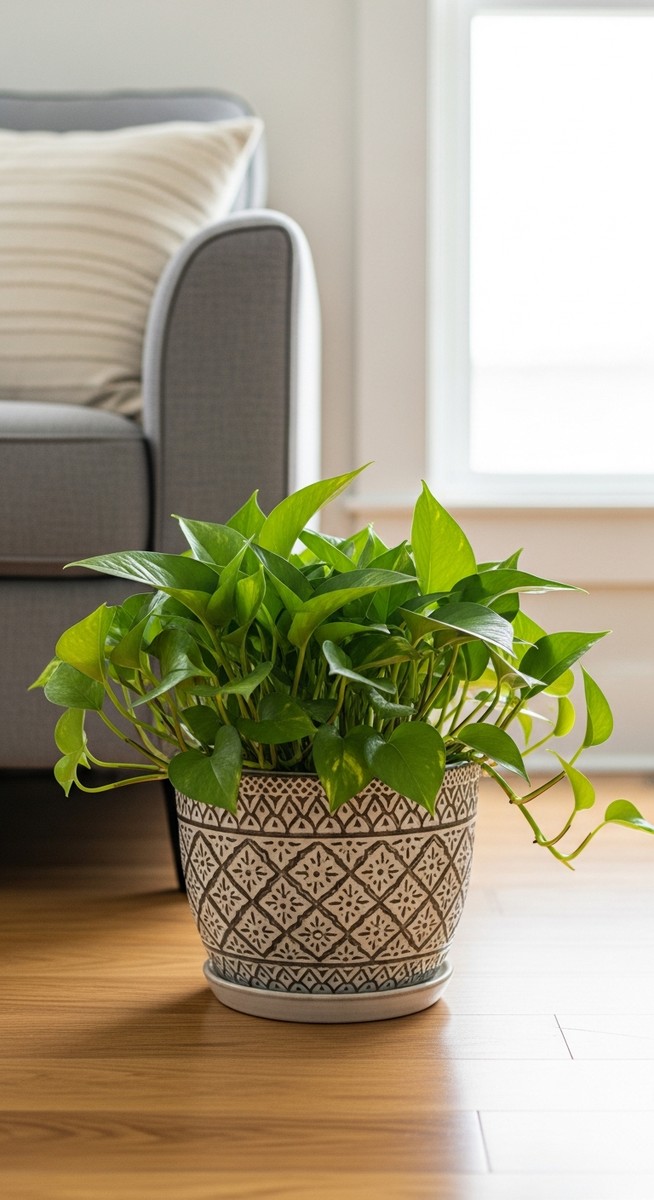 a pothos plant in a decorative pot on a wooden floor