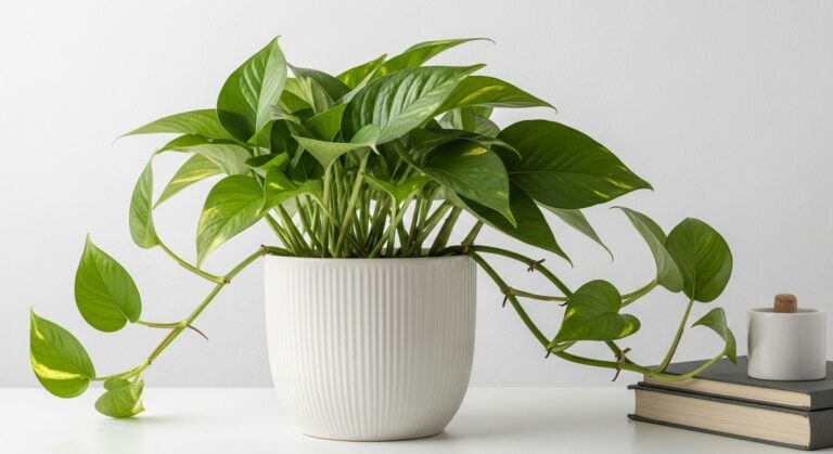 a healthy pothos plant displayed in a bright modern living room, for manjula pothos