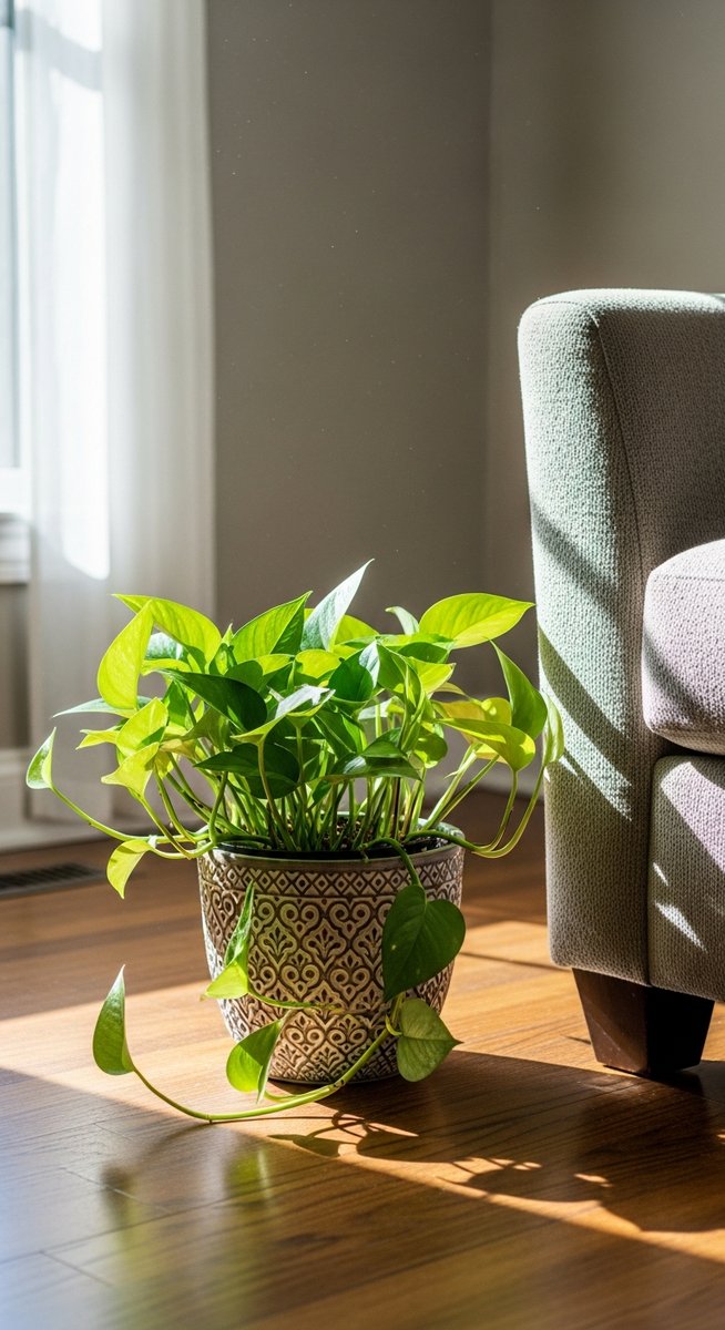a pothos plant in a decorative pot on a wooden floor