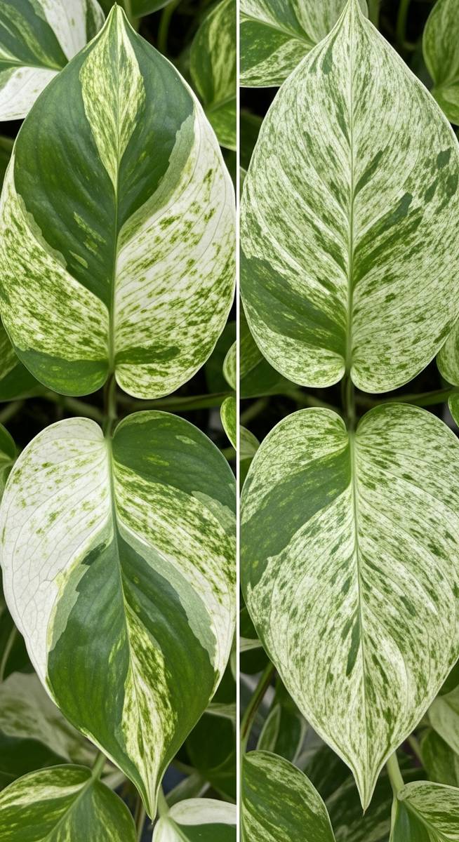 close-up comparison of manjula pothos leaves next to marble queen pothos leaves