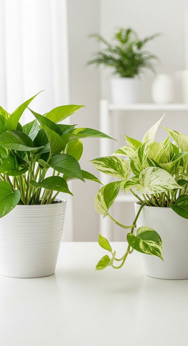two pots side by side containing a manjula pothos plant and a marble queen pothos plant, for manjula pothos vs marble queen