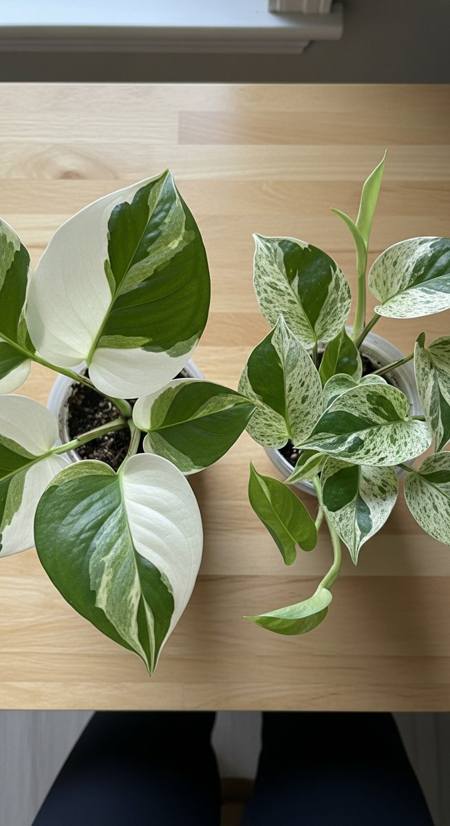 a manjula pothos plant and a marble queen pothos plant displayed together on a table