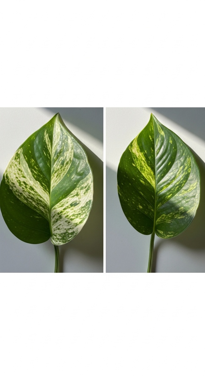 detail shot comparing the leaf shape of manjula pothos and marble queen pothos