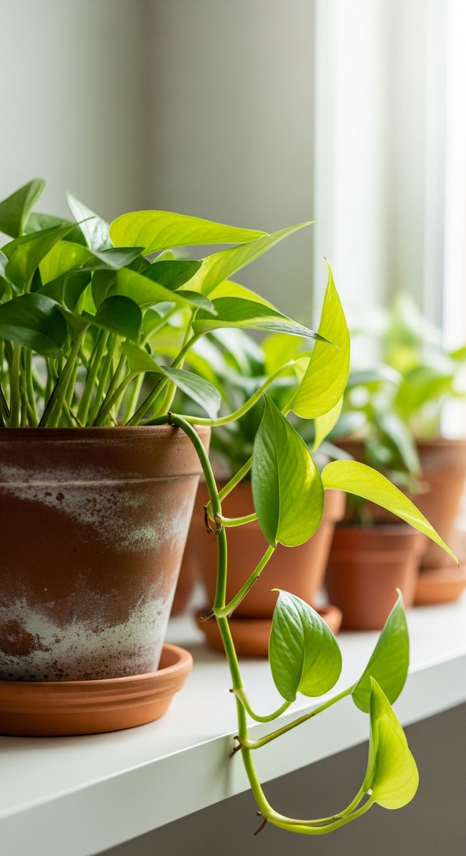 a lush pothos plant in a terracotta pot on a white shelf