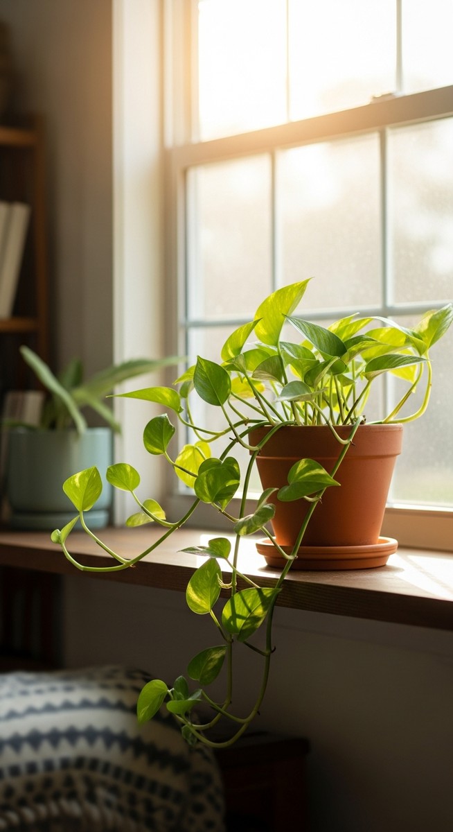 a pothos plant in a pot near a bright window