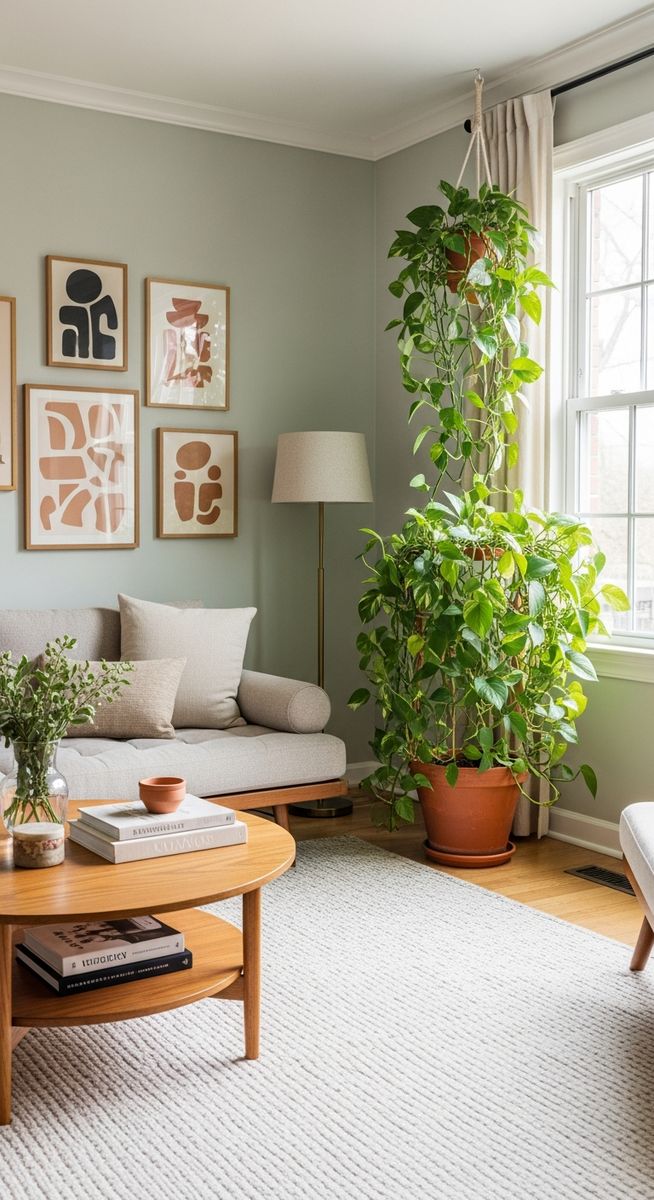 a large thriving pothos plant as a living room focal point, for marble queen pothos