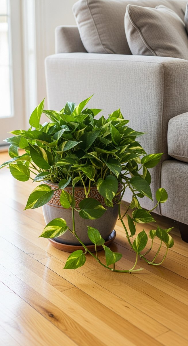 a pothos plant in a decorative pot on a wooden floor
