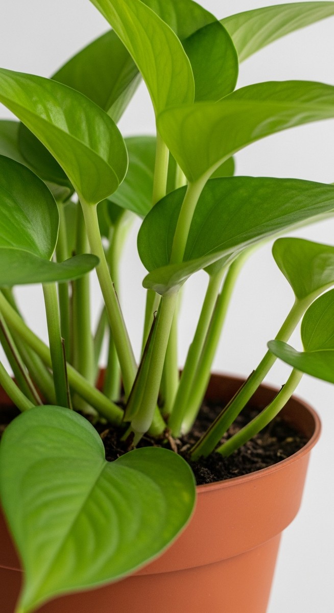 close-up of the base and lower leaves of a pothos plant, for marble queen pothos