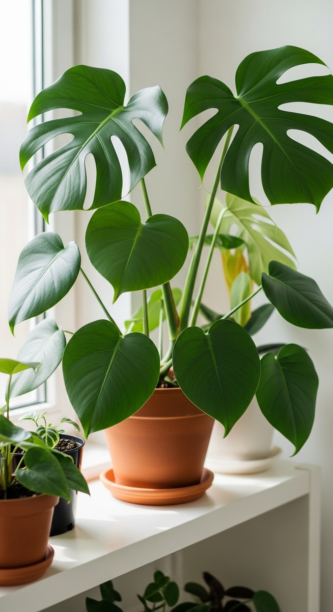 a lush monstera plant in a terracotta pot on a white shelf