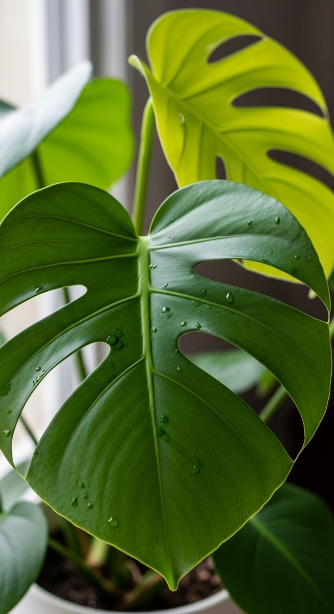 close-up of healthy monstera leaves showing vivid colour and texture, for mint monstera