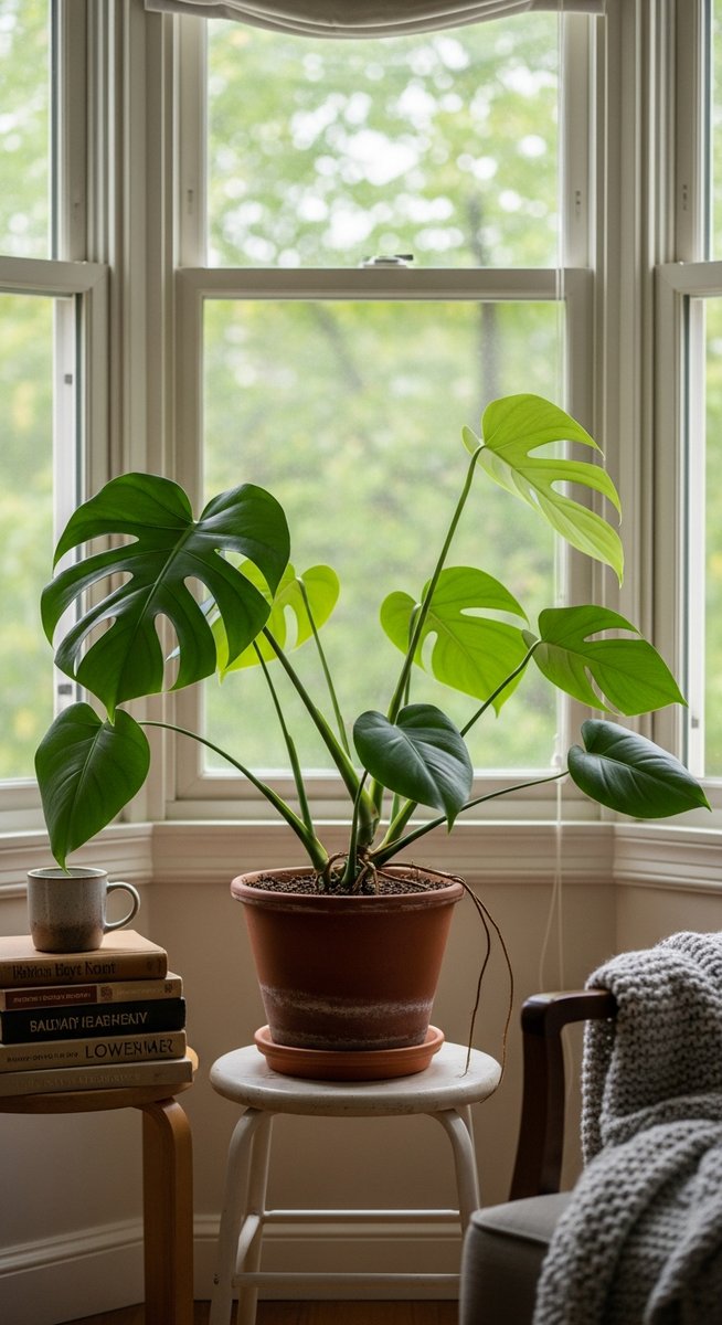 a monstera plant in a pot near a bright window