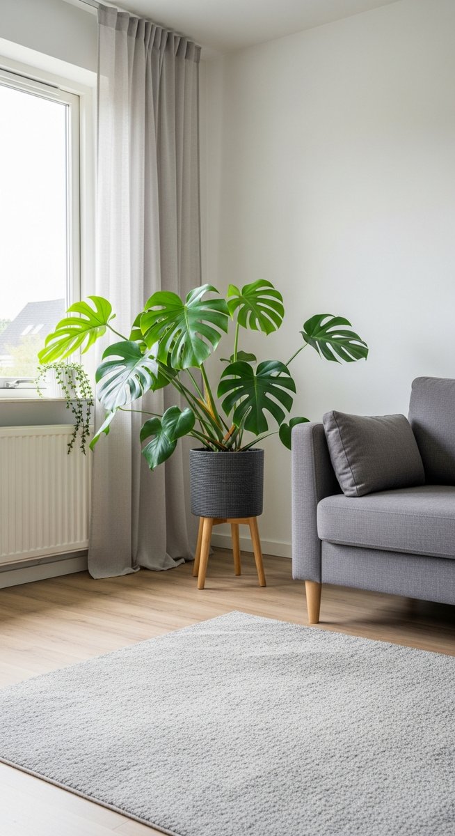 a large thriving monstera plant as a living room focal point, for mint monstera