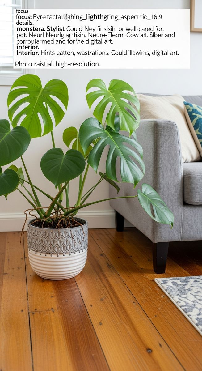 a monstera plant in a decorative pot on a wooden floor