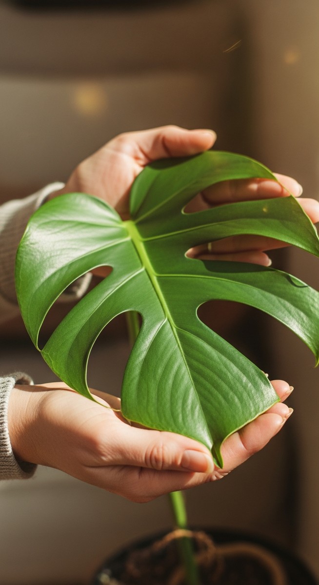 hands touching the leaves of a healthy monstera plant