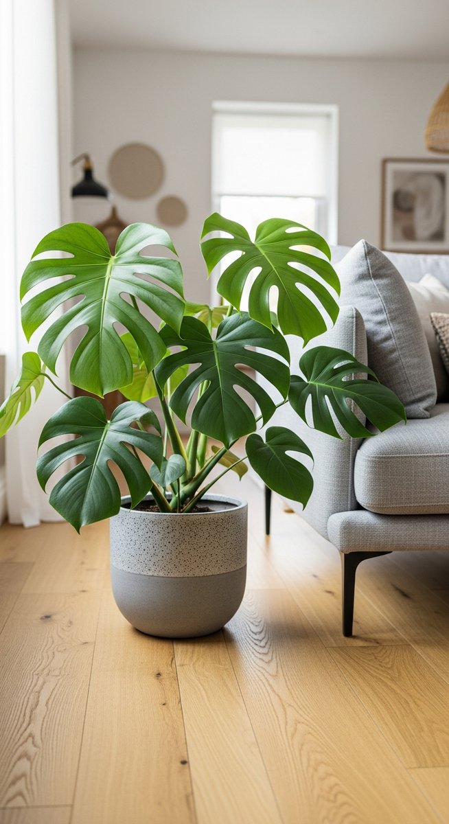 a monstera plant in a decorative pot on a wooden floor