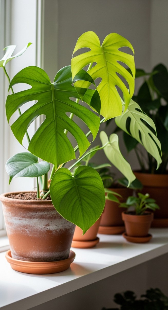 a lush monstera plant in a terracotta pot on a white shelf
