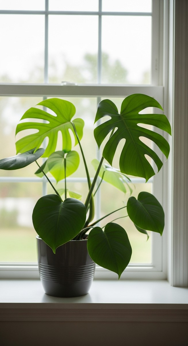a monstera plant in a pot near a bright window