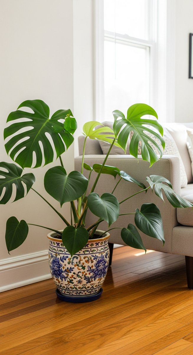 a monstera plant in a decorative pot on a wooden floor