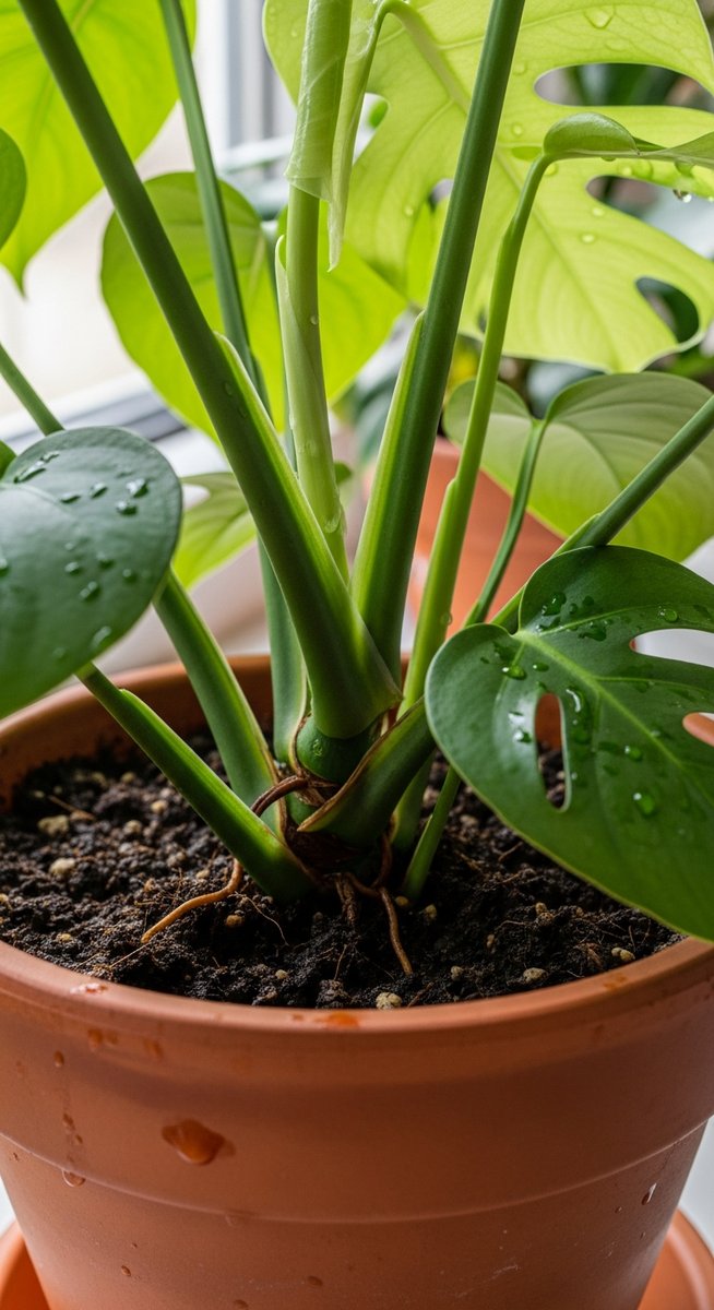 close-up of the base and lower leaves of a monstera plant, for monstera acacoyaguensis