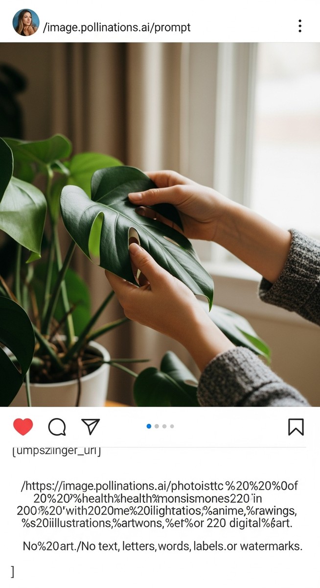 hands touching the leaves of a healthy monstera plant