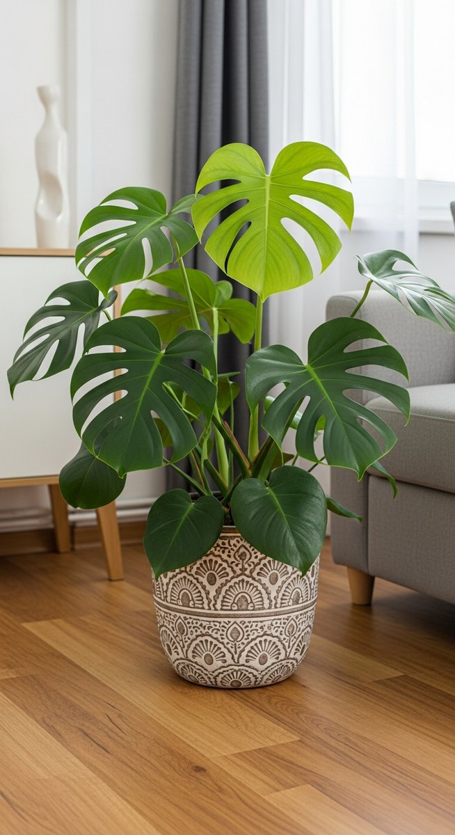 a monstera plant in a decorative pot on a wooden floor