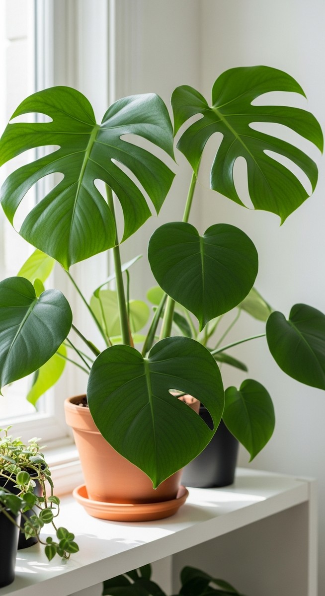 a lush monstera plant in a terracotta pot on a white shelf