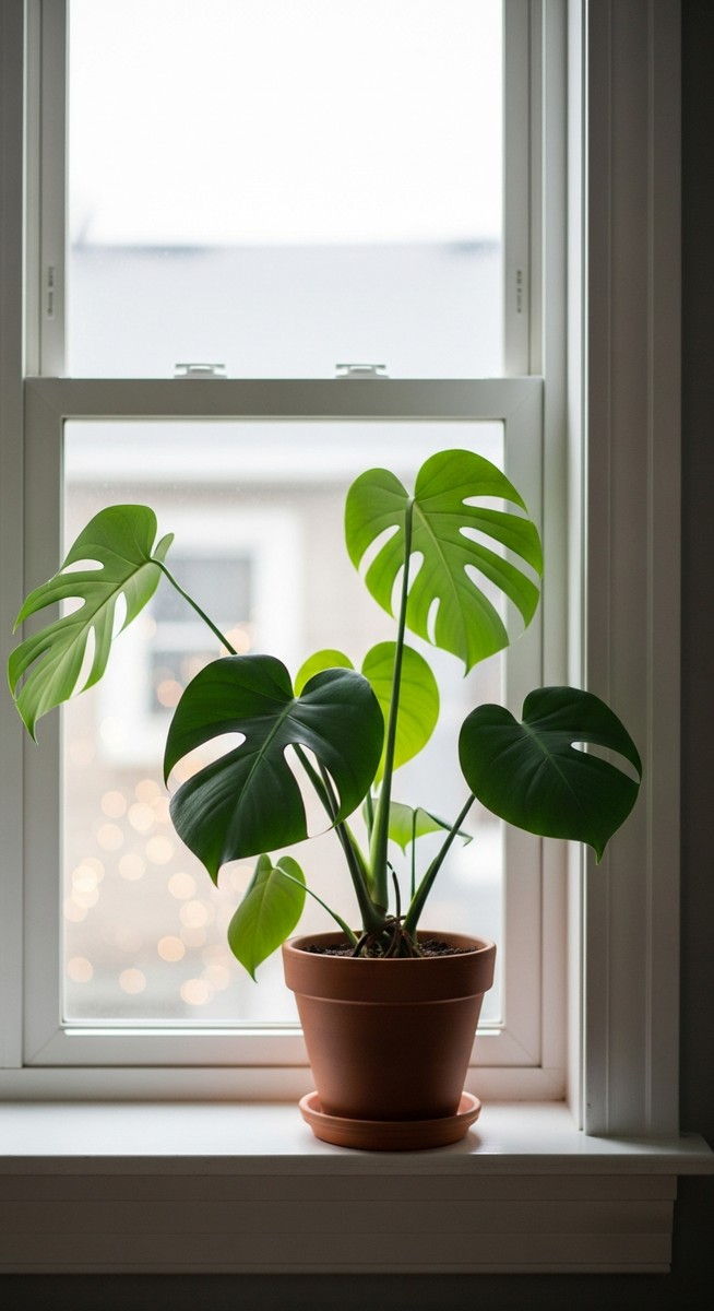 a monstera plant in a pot near a bright window