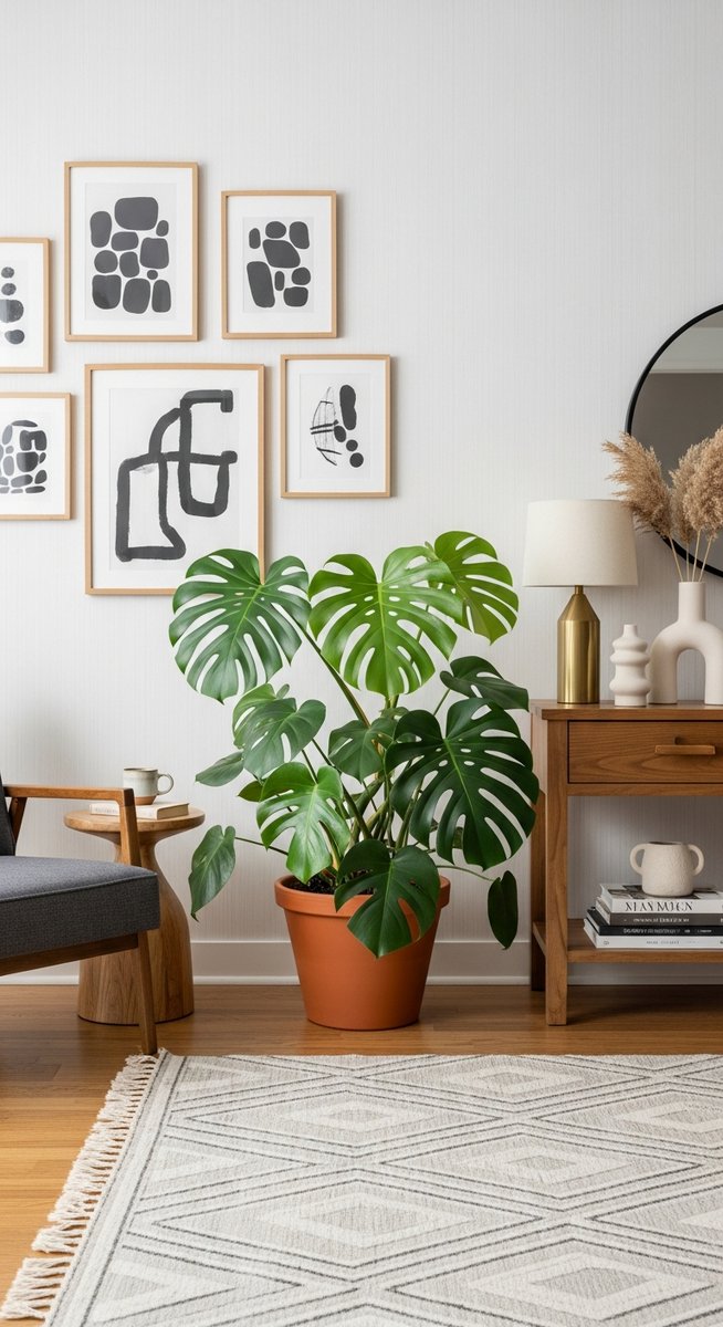 a large thriving monstera plant as a living room focal point, for monstera acuminata
