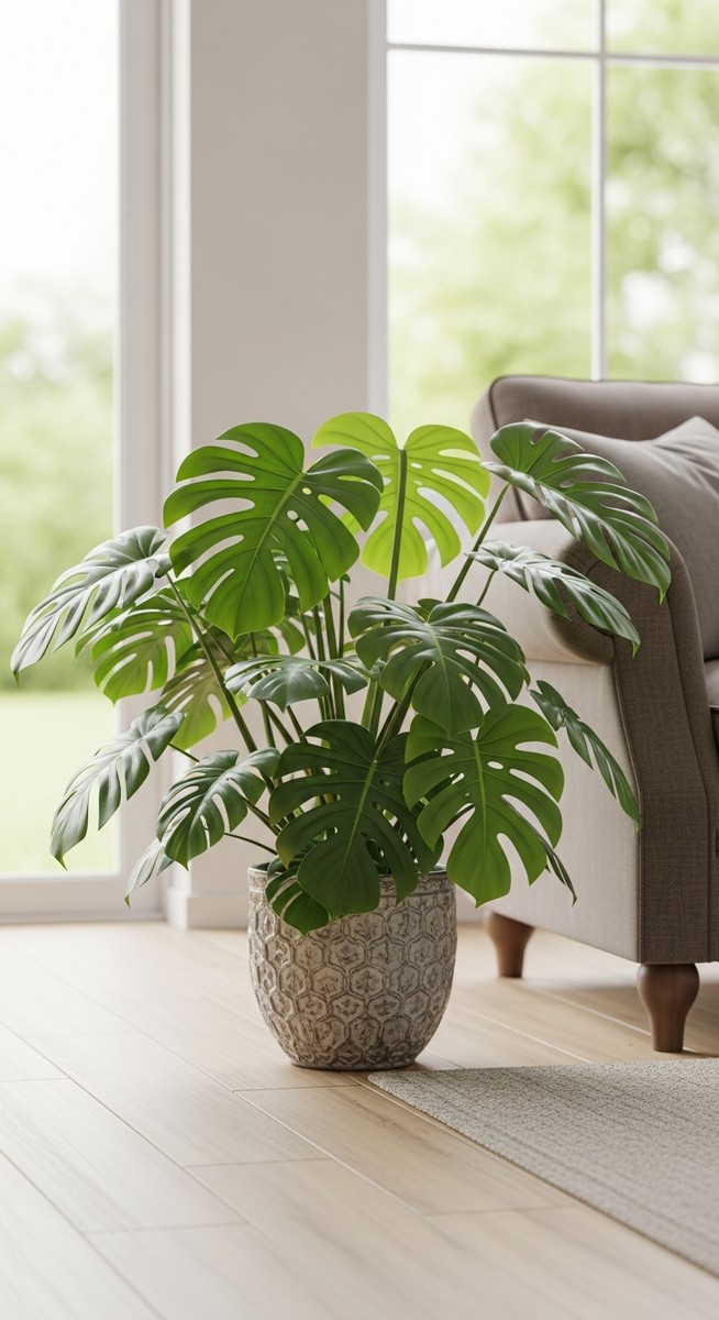 a monstera plant in a decorative pot on a wooden floor
