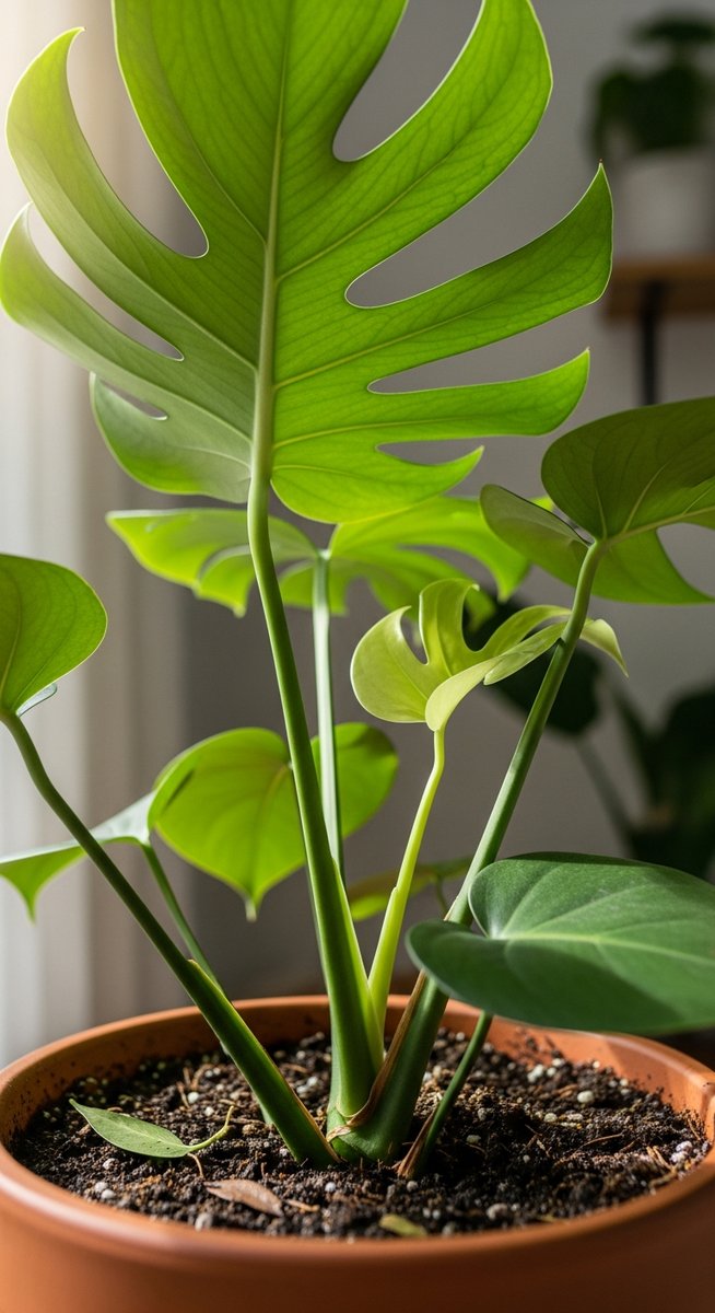 close-up of the base and lower leaves of a monstera plant, for monstera acuminata